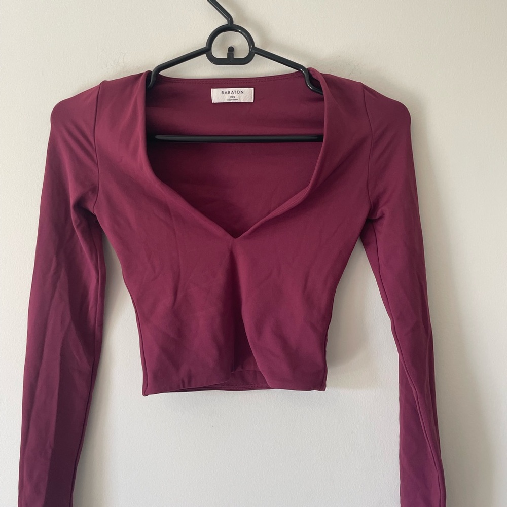 Babaton Burgundy Long Sleeve V-Neck Bodysuit